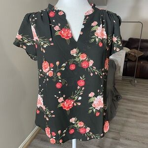 41 Hawthorn Green and Pink Ruffled Floral Blouse